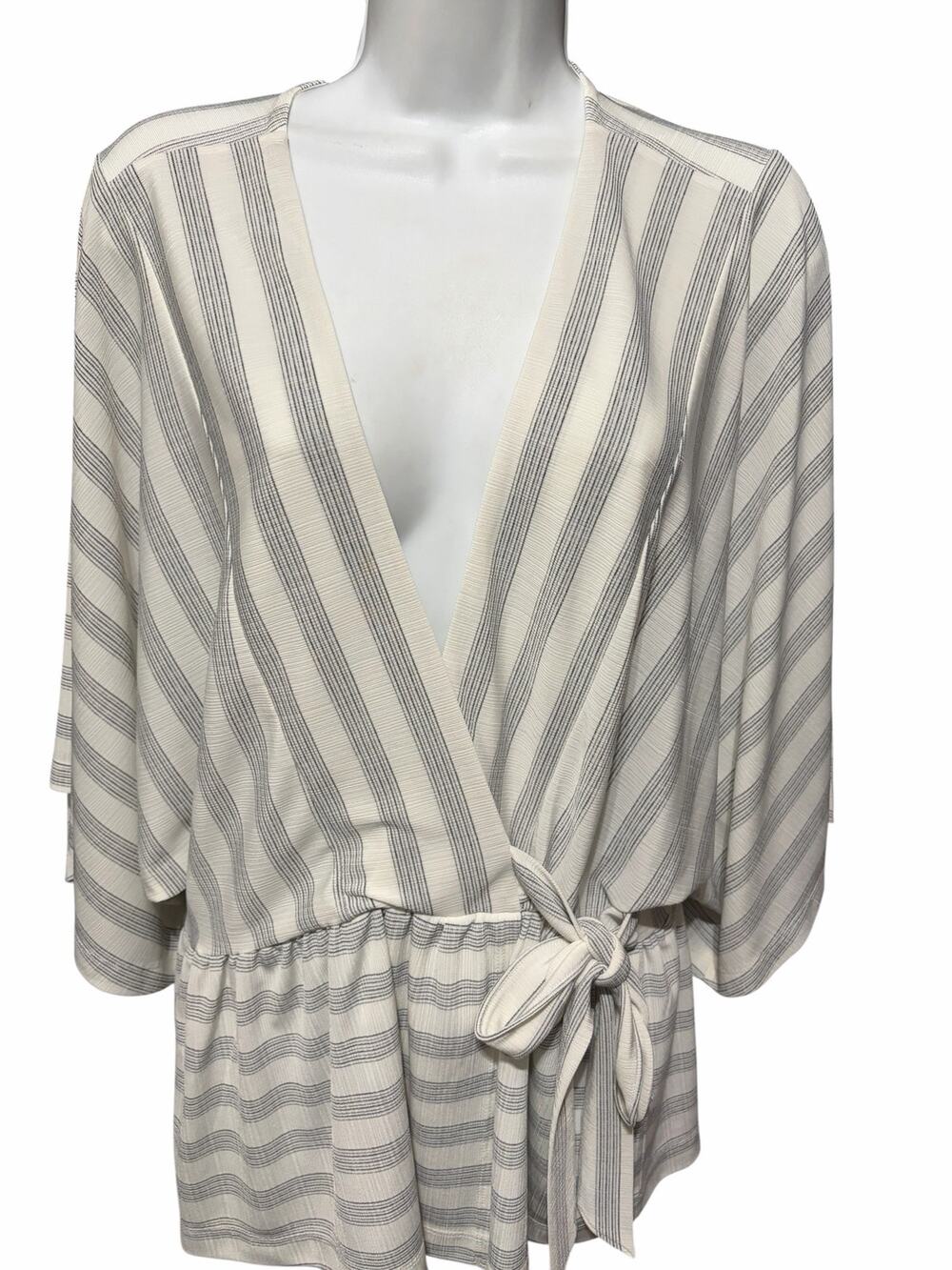 Club Monaco Wrap Blouse Medium Striped Tie Waist Peplum Kimono Sleeve Boho